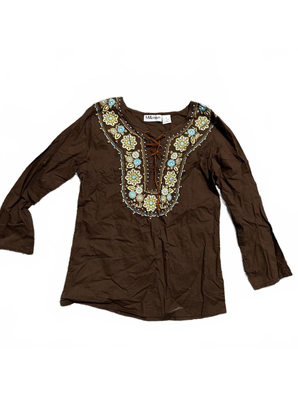 Y2K Millenium Brown Cotton Boho Beaded Long Sleeve Top Size M
